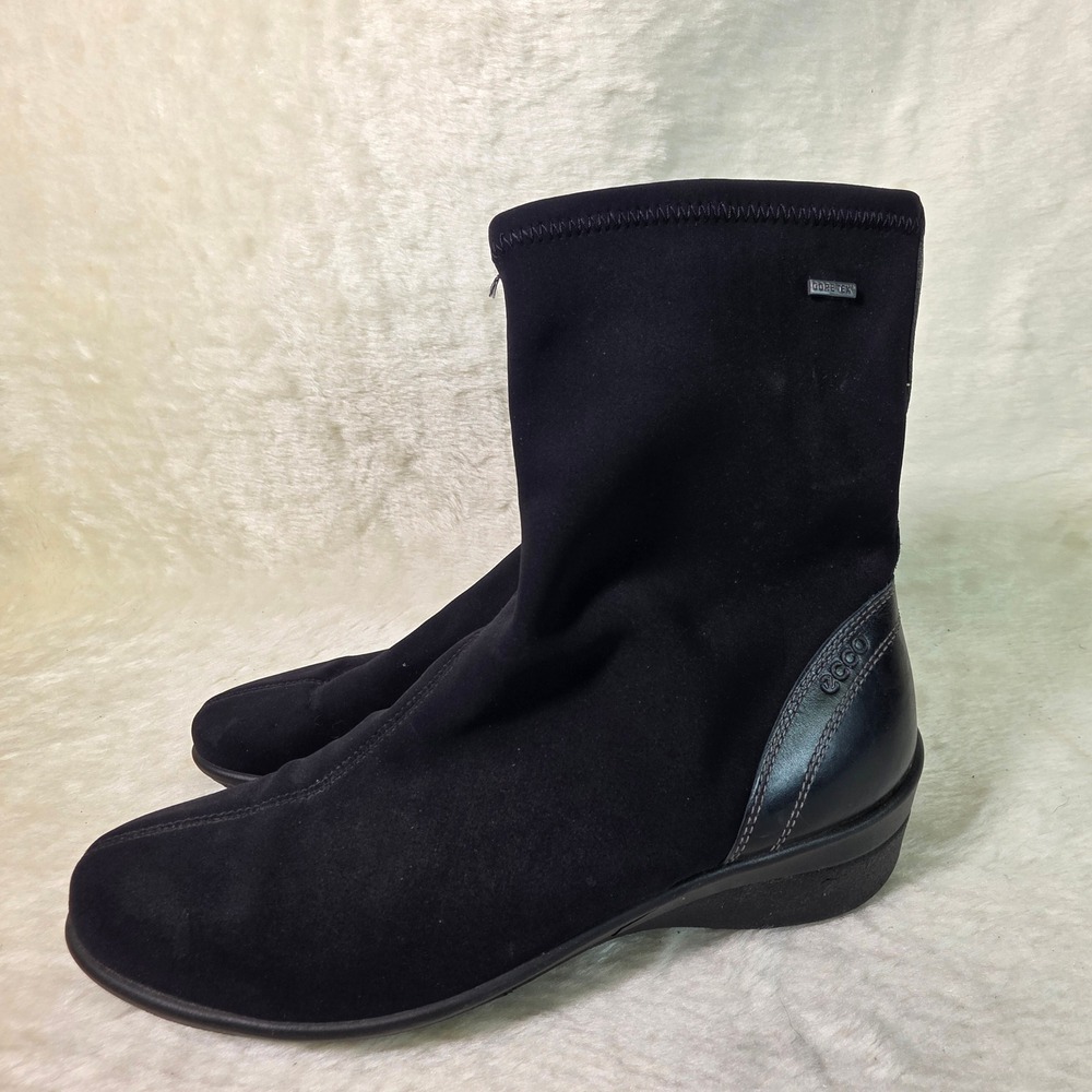 ECCO Gore-Tex Ankle Boots Black Sock Stretch Fabric Leather Trim Womens 39 8